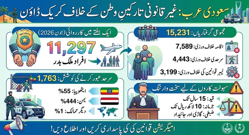 سعودی عرب: 11 ہزار سے زائد غیر قانونی تارکینِ وطن ملک بدر، سہولت کاروں کیلئے سخت وارننگ