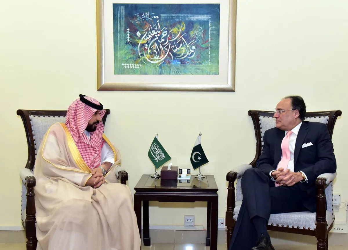 وزیر خزانہ محمد اورنگزیب اور سعودی سفیر ڈاکٹر راجح تامی البجمی ملاقات کے دوران دوطرفہ تعلقات پر تبادلہ خیال کر رہے ہیں۔ (تصویر 2)
