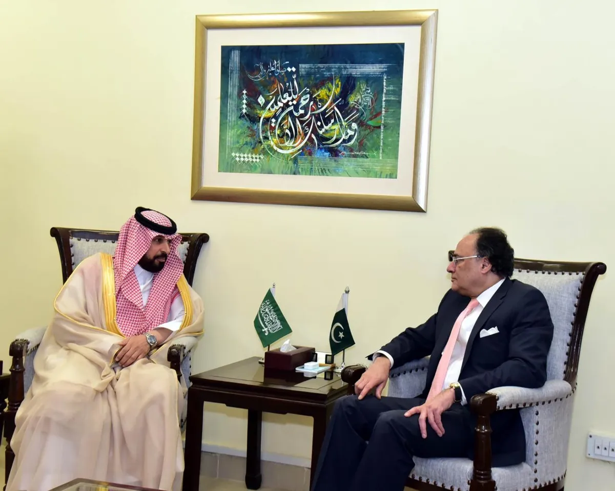 وزیر خزانہ محمد اورنگزیب اور سعودی سفیر ڈاکٹر راجح تامی البقمی ملاقات کے دوران گفتگو کر رہے ہیں۔ (تصویر 3)