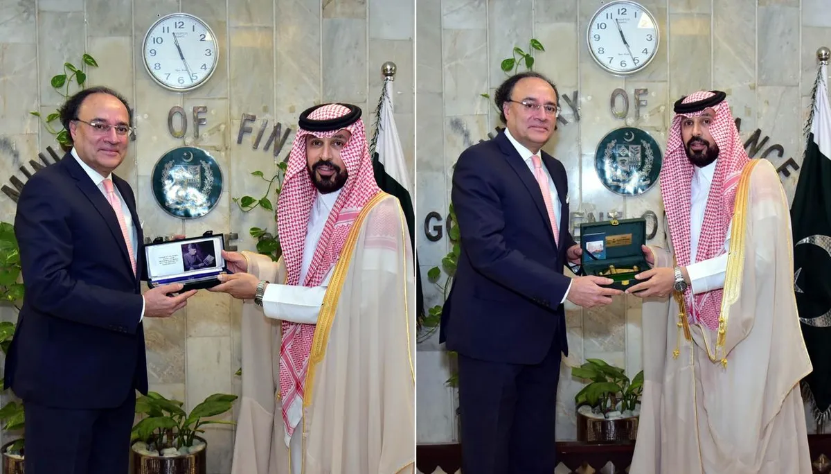 وزیر خزانہ محمد اورنگزیب اور سعودی سفیر ڈاکٹر راجح تامی البجمی ملاقات کے دوران دوطرفہ تعلقات پر تبادلہ خیال کر رہے ہیں۔ (تصویر 3)